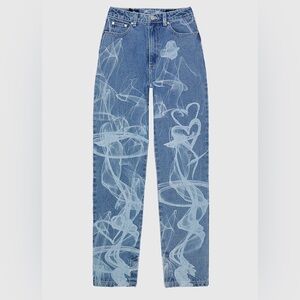 Maniere De Voir Jean Women 4 Mid Blue Cotton Smoke Print Mom Elastic Waist Band